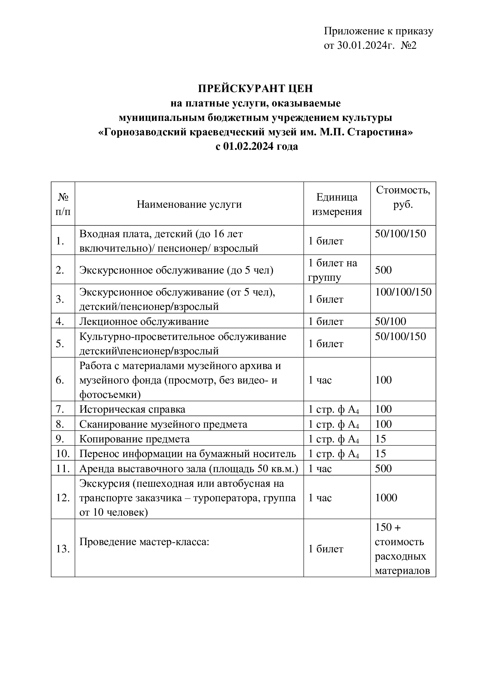 Цены на платные услуги